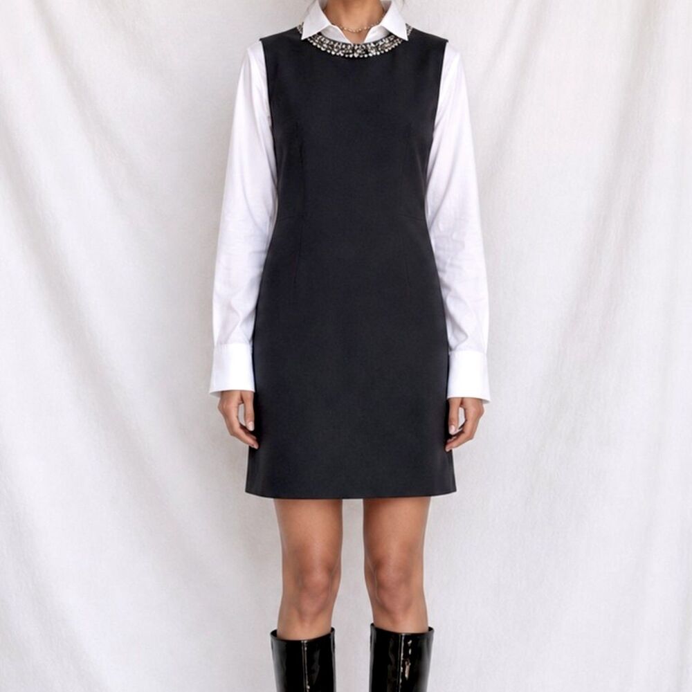 Vintage Y2K Navy Blue Sequin Embellished Collar Knee Length Shift Dress Size M